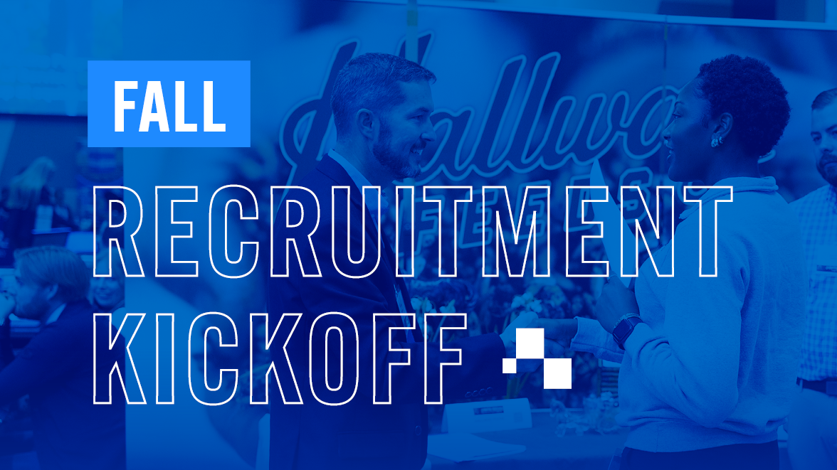 A blue graphic over people shaking hands with the text Fall Recruitment Kickoff