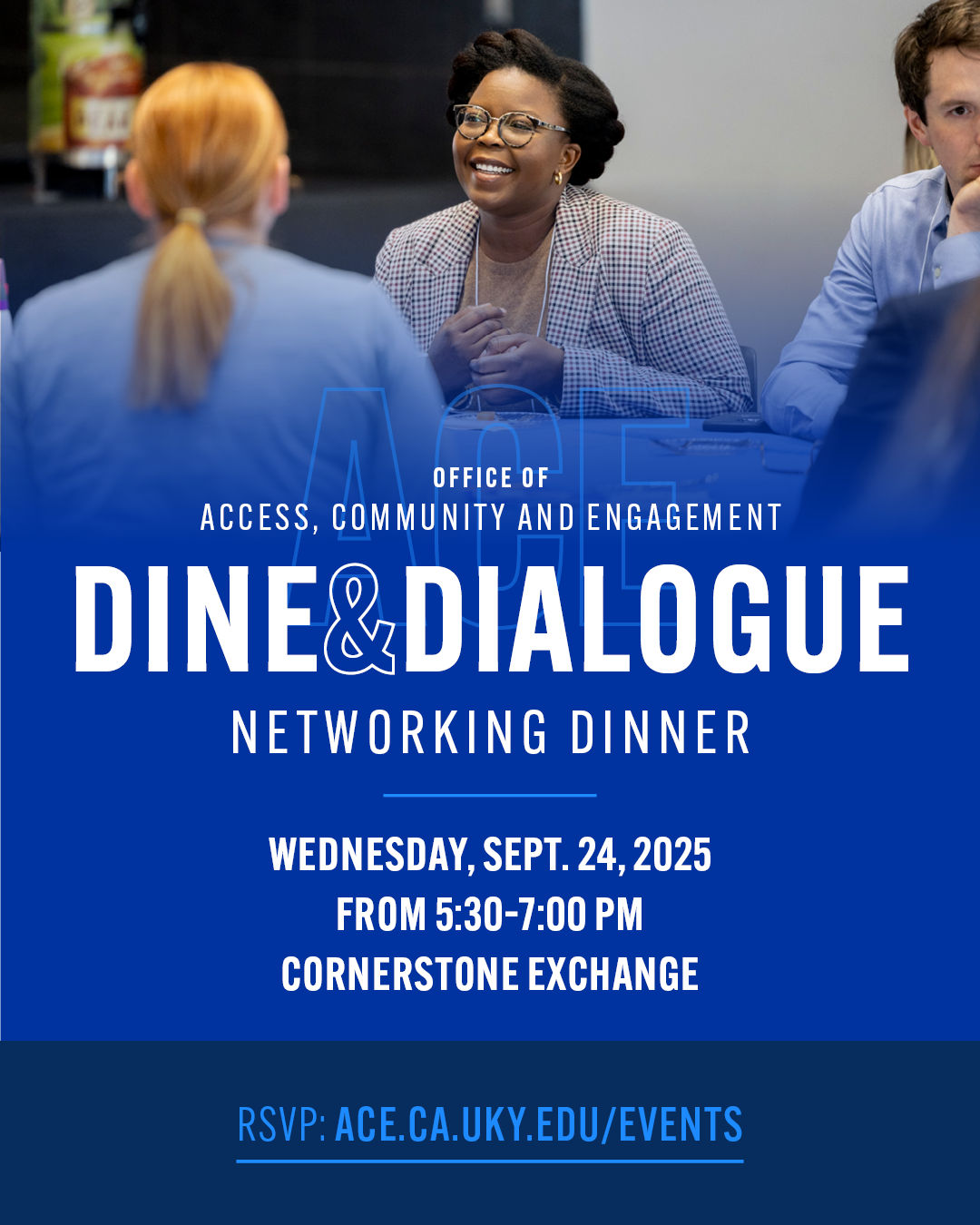 Dine and Dialogue Networking Dinner flyer with photo of people talking