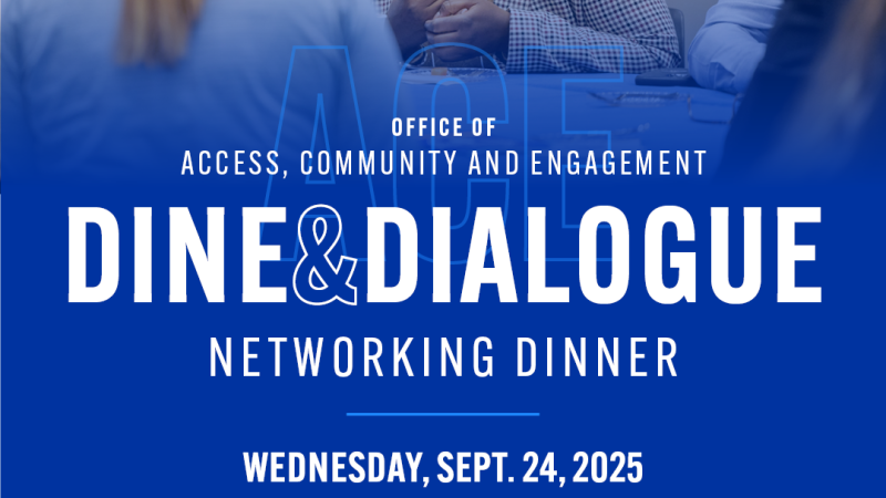 Dine and Dialogue Networking Dinner flyer with photo of people talking